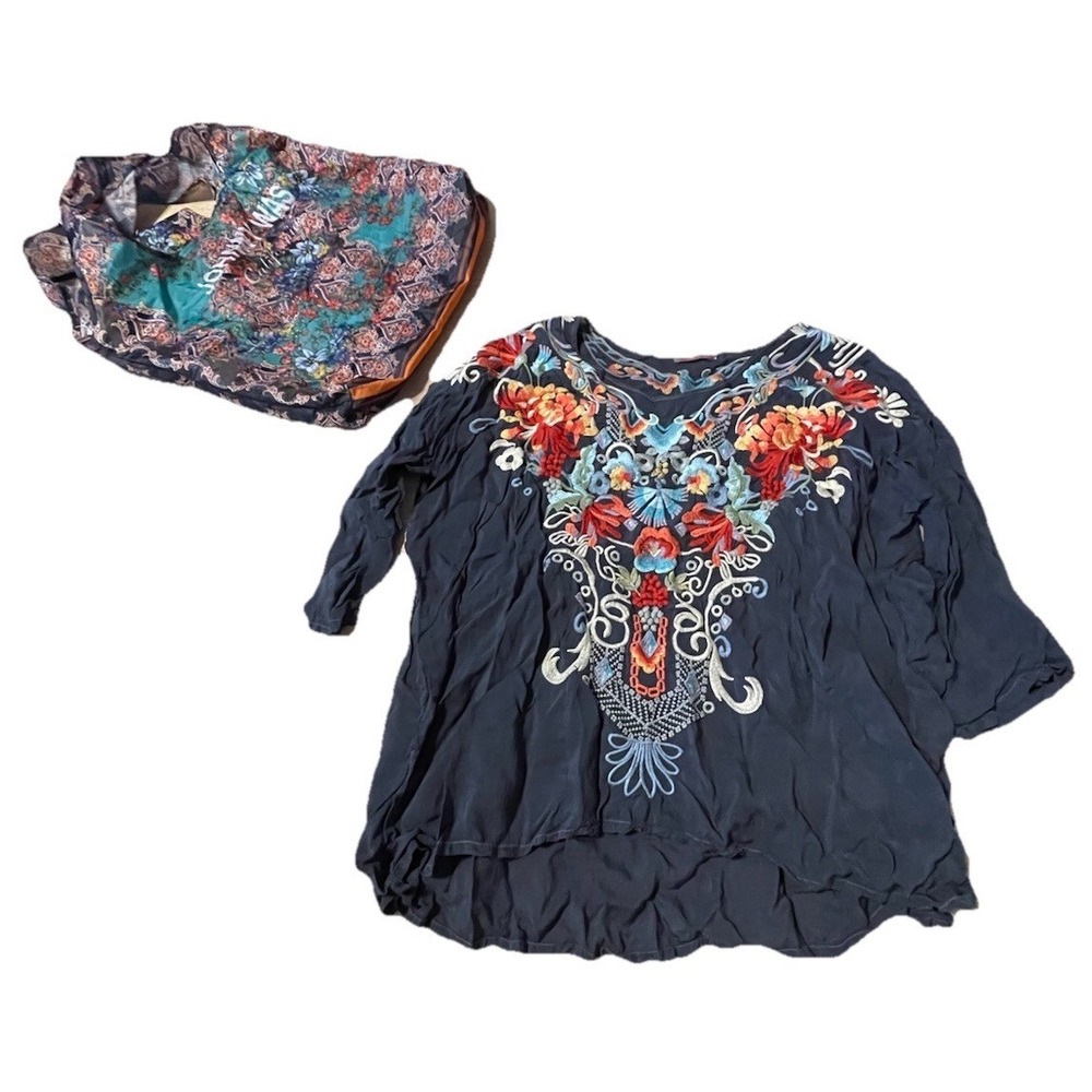 Johnny Was Heavily Embroidered Floral Tunic Top Dark Gray Cupra Rayon L H81‎